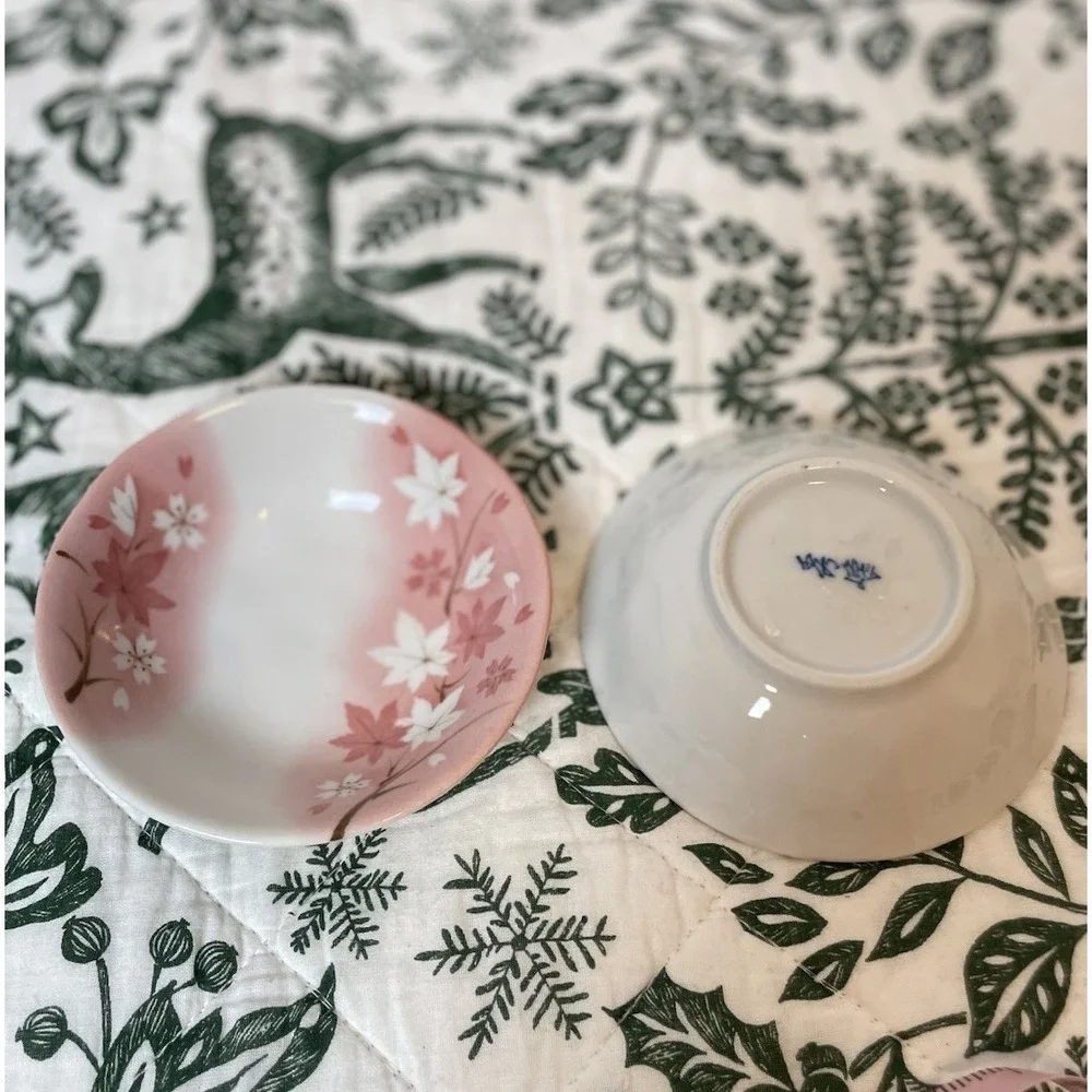 Vintage made in Japan Cherry Blossom Dish Plate Set For‎ 2 Blue & Pink Bamboo